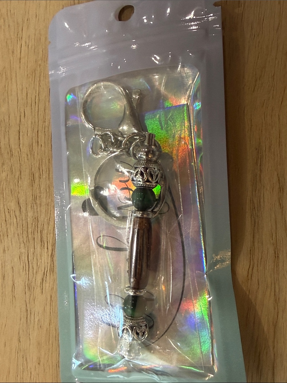 Wood Bead Keychain with Green Stone Accents - Picture 7 of 7